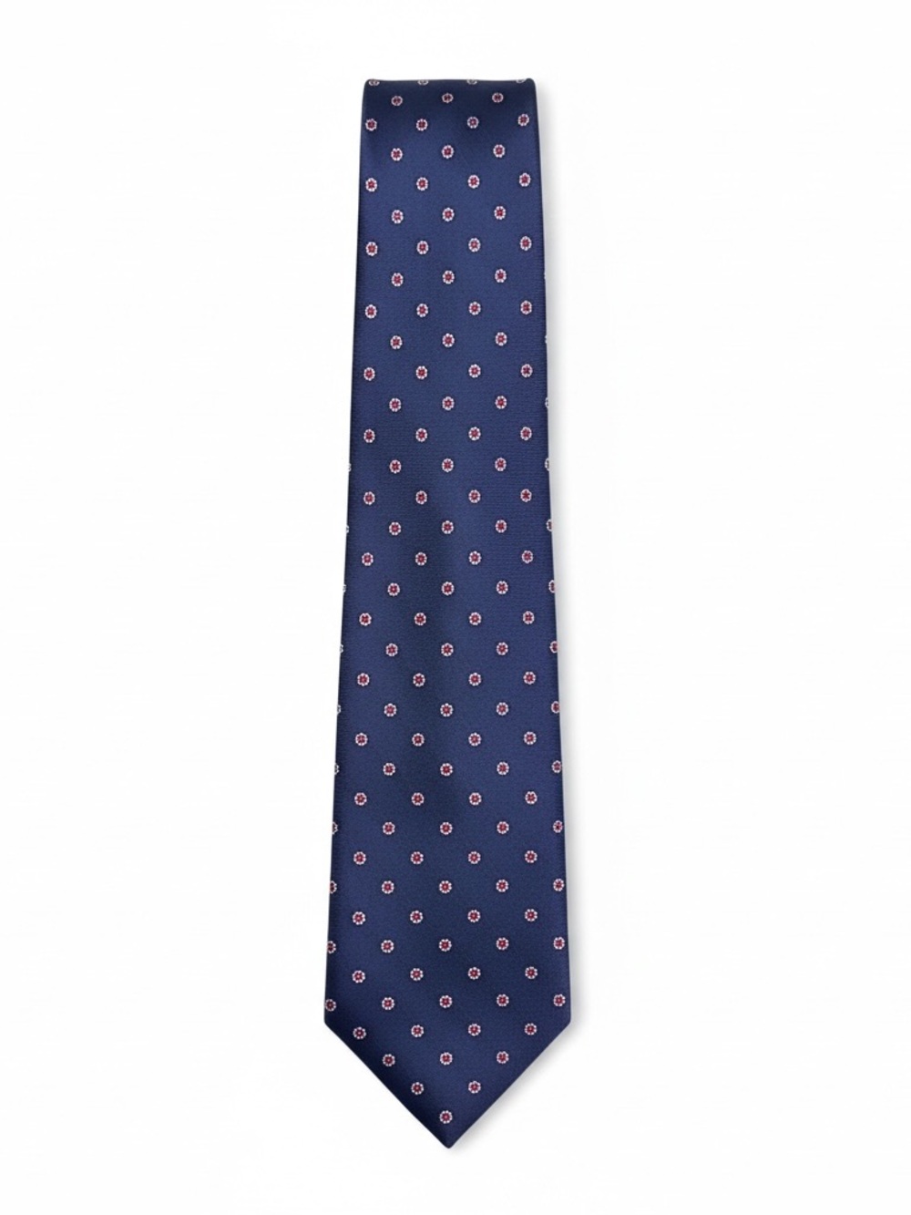 Geoffrey Beene Navy Tie with Red Floral Medallions 100% Silk 58 inches